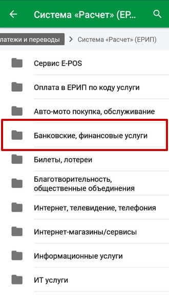 Папка «Банковские, финансовые услуги» системы «Расчет»