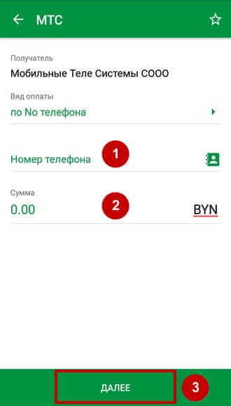 Форма ввода параметров платежа для оплаты через М-Банкинг
