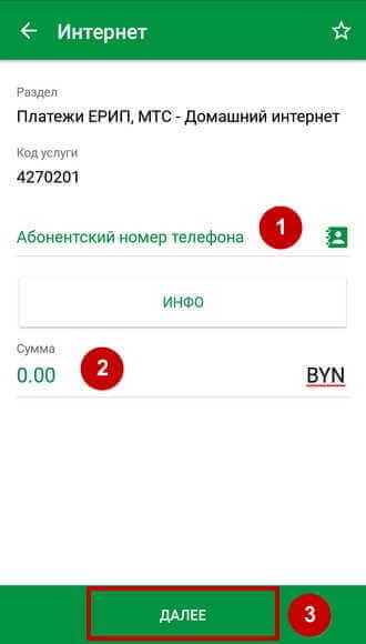 Форма ввода параметров платежа для оплаты за интернет через систему «Расчет»