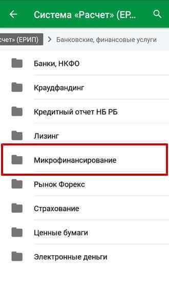Папка «Микрофинансирование» системы ЕРИП