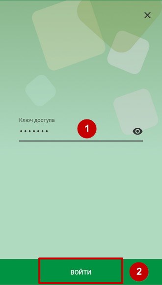 Окно авторизации в М-Банкинге Беларусбанка с полем для ввода ключа доступа